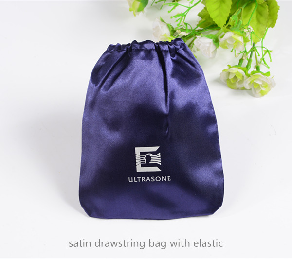 navy blue satin drawstring bag with elastic