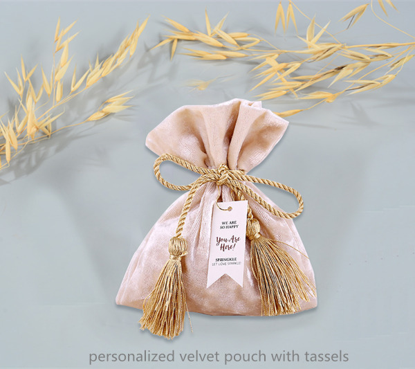 personalized velvet pouch with tassels wedding favor