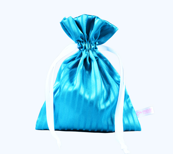 small satin gift pouch with blue stripes