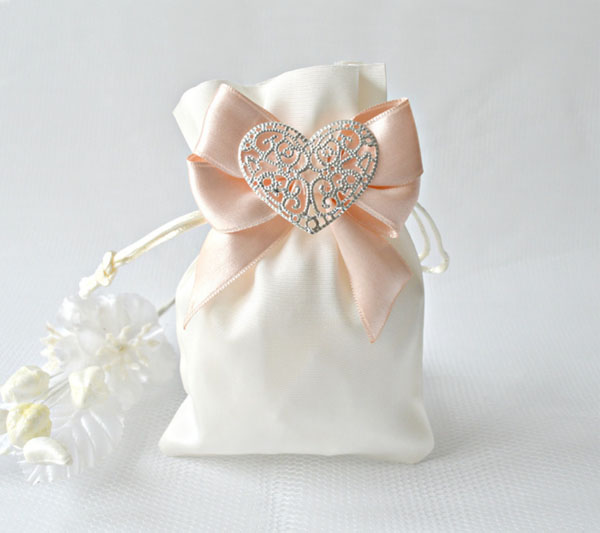 White Satin Wedding Favors Gift Bag with Pink Silk Bowknot 