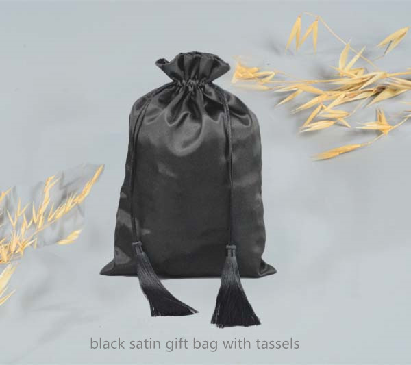 black satin gift bag with tassels