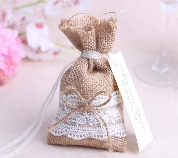 jute wedding favor bag with lace