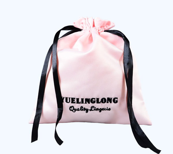 pink embroidery satin lingerie travelling storage drawstring bag