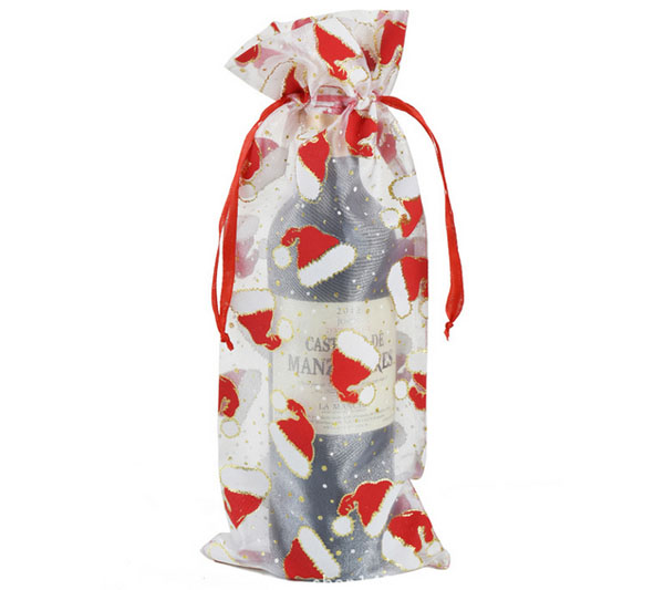 Christmas Organza Wine Bag Printed with Christmas Hats 