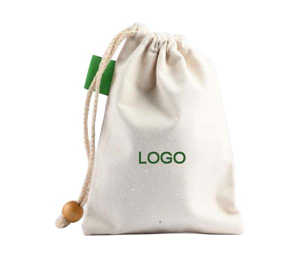 Canvas Drawstring Pouch with Wooden Beads